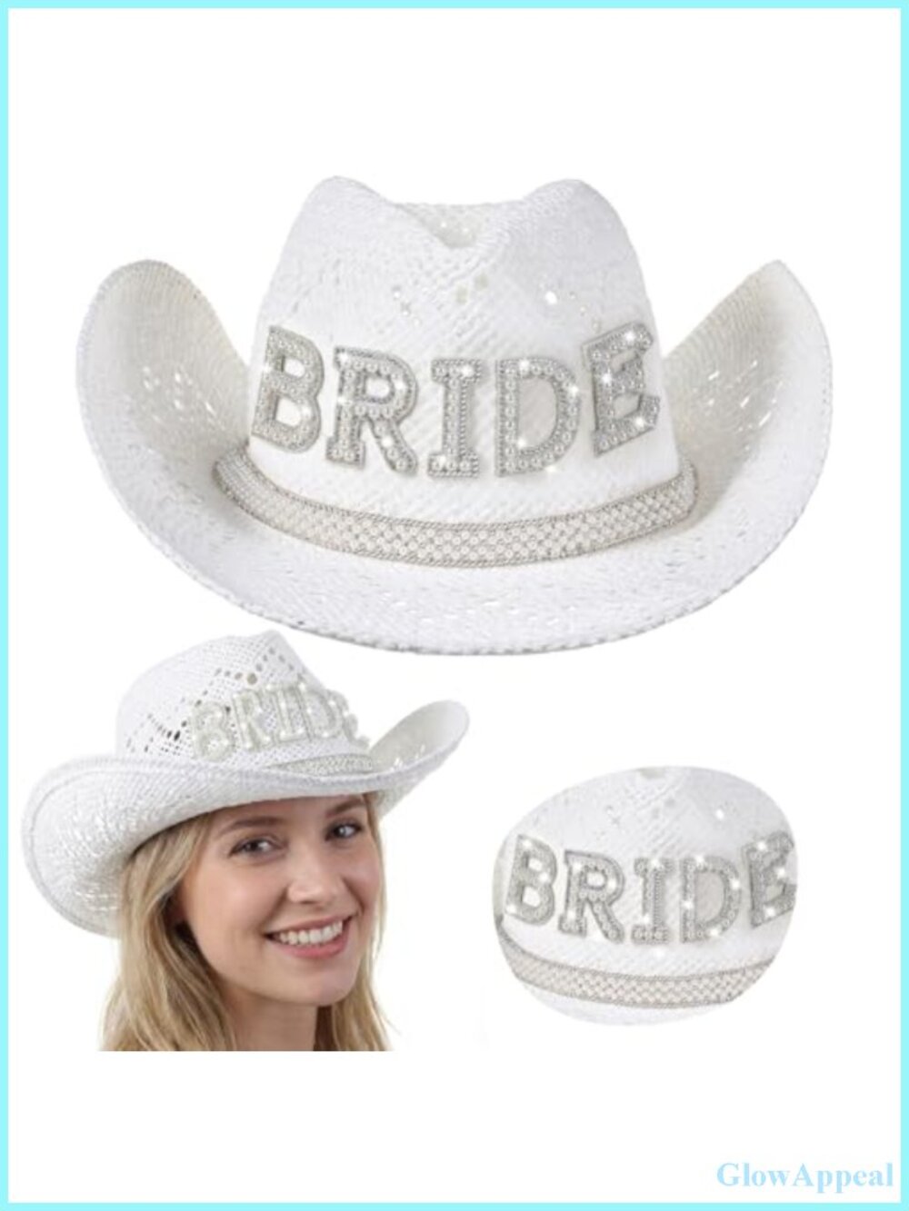 White Cowboy Straw Hat Women Wide Brim Pearl Bride Bachelorette Headwear